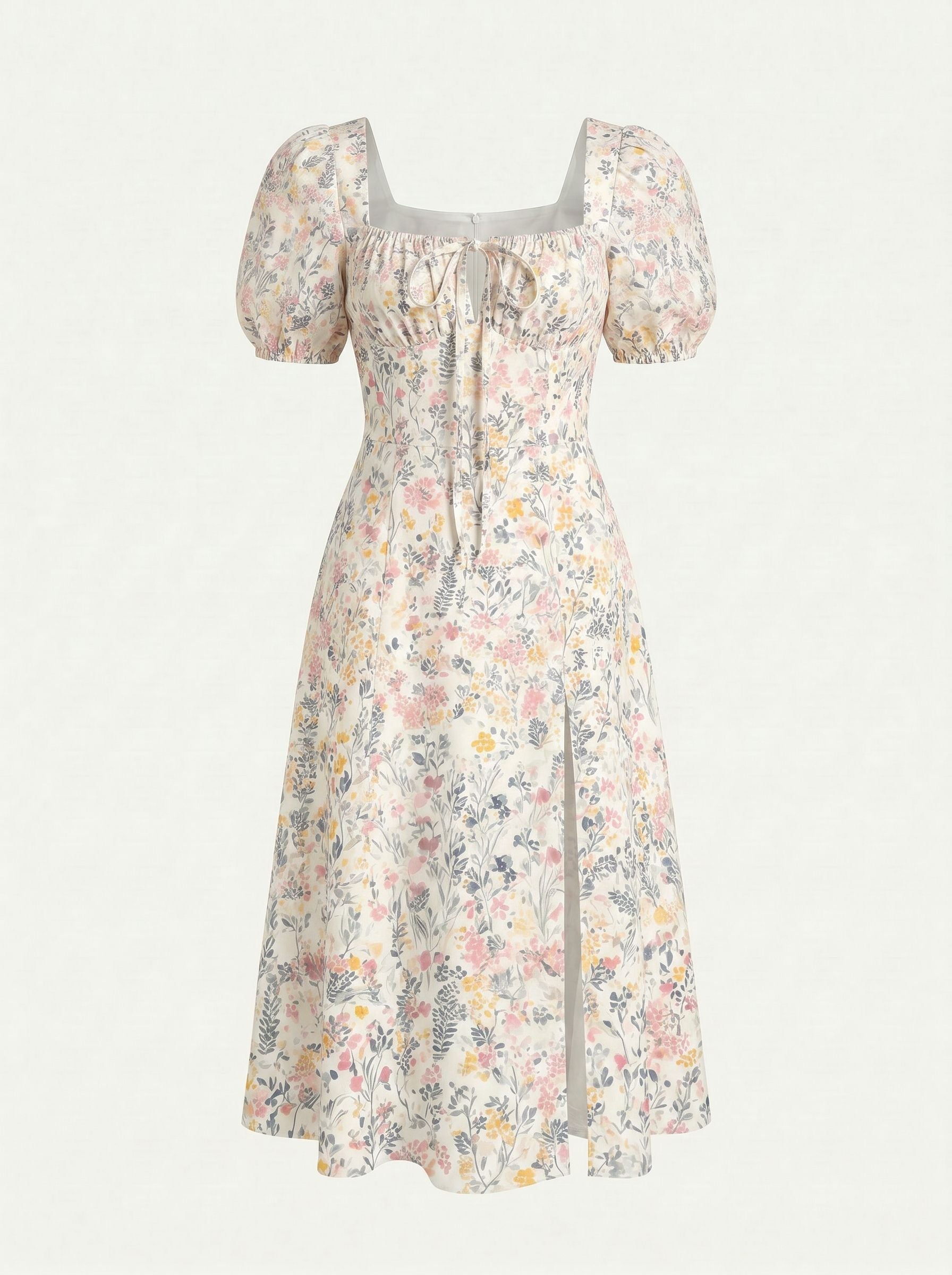Floral Print Puff Sleeve Tie MidiDress