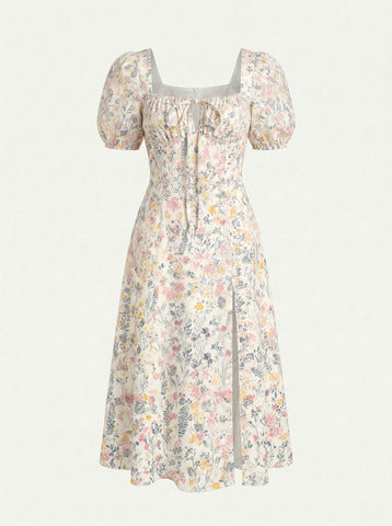 Floral Print Puff Sleeve Tie MidiDress