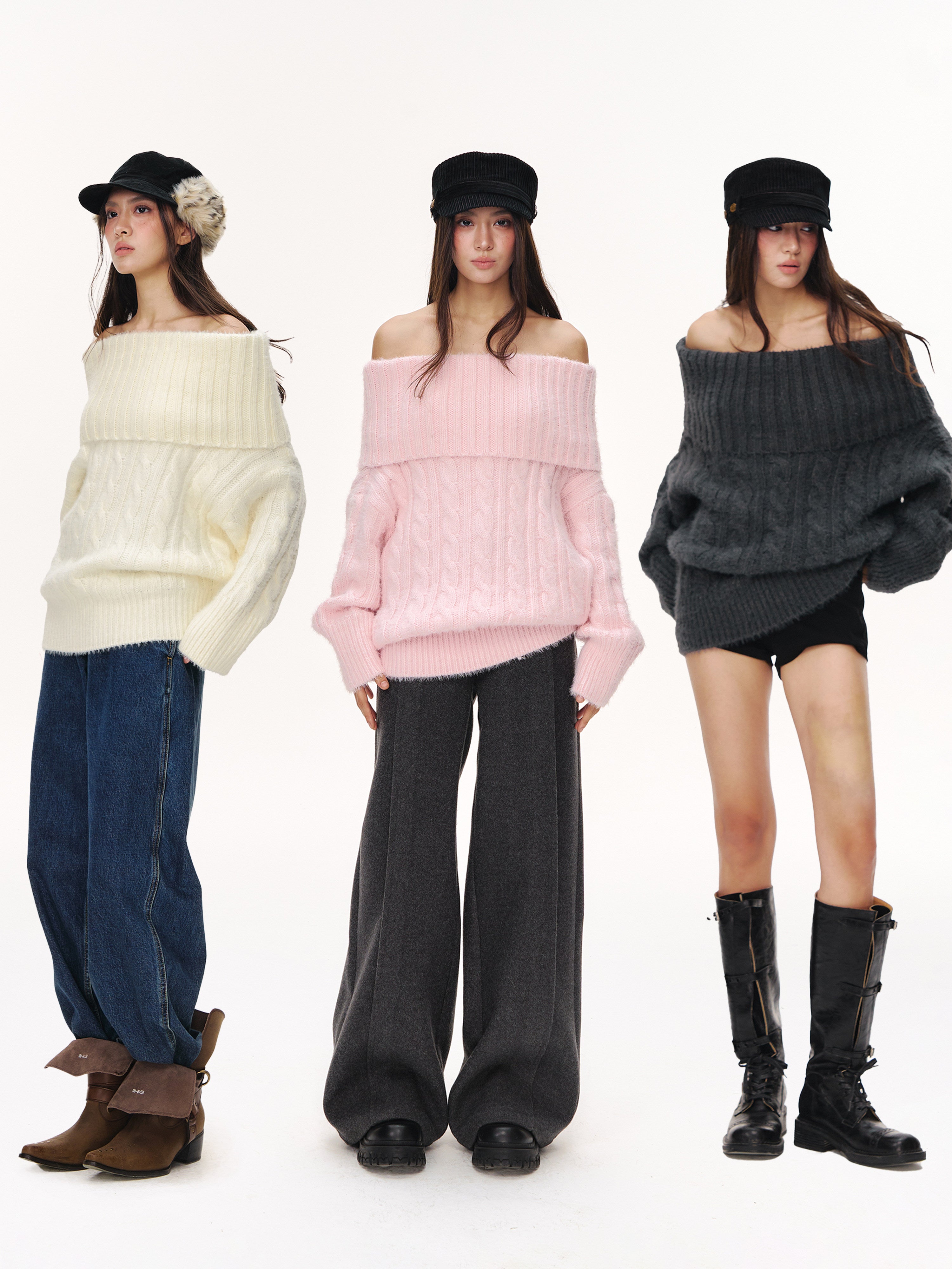 Cozy Off Shoulder Cable Knit Sweater