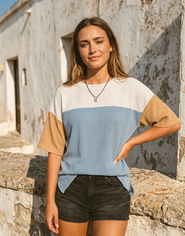 Colorblock Ribbed Knit Casual T-Shirt