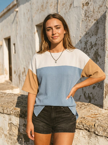 Colorblock Ribbed Knit Casual T-Shirt