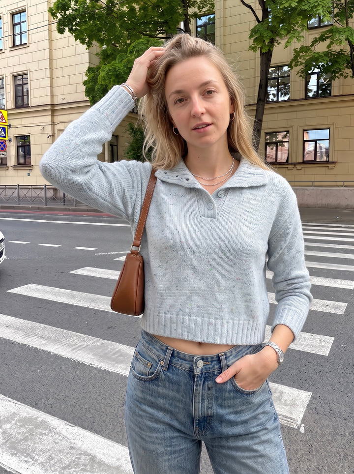 Cozy Speckled Collar Crop Sweater