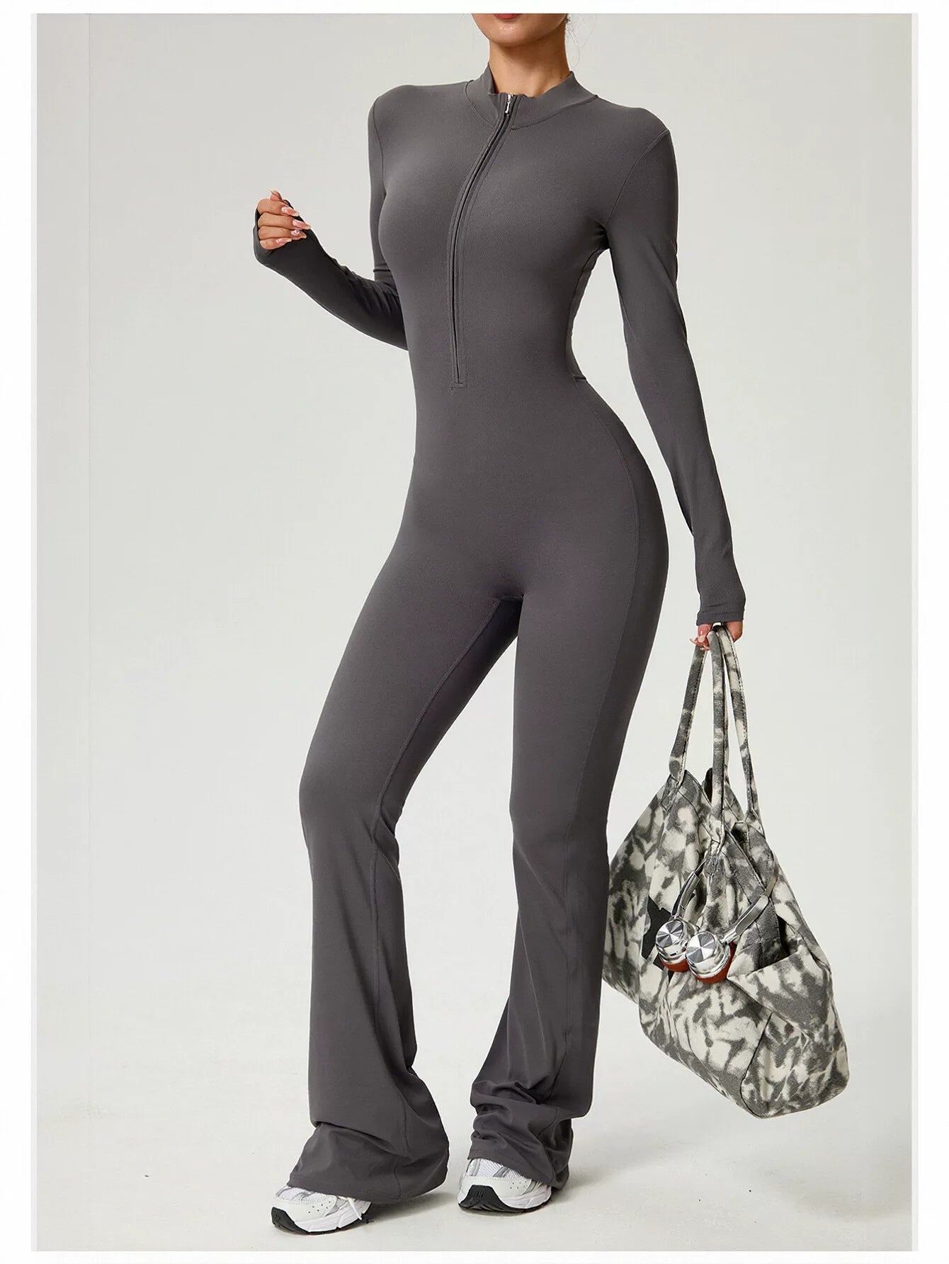 Sculpting Zip Front Flare Jumpsuit