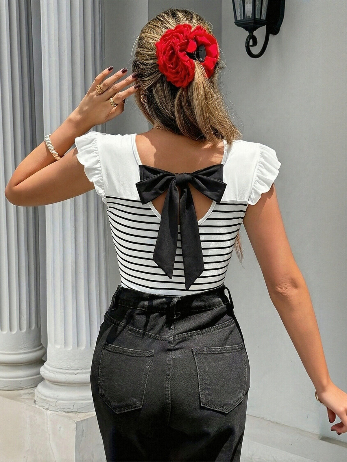 Ruffled Sleeve Striped Cotton T Shirt