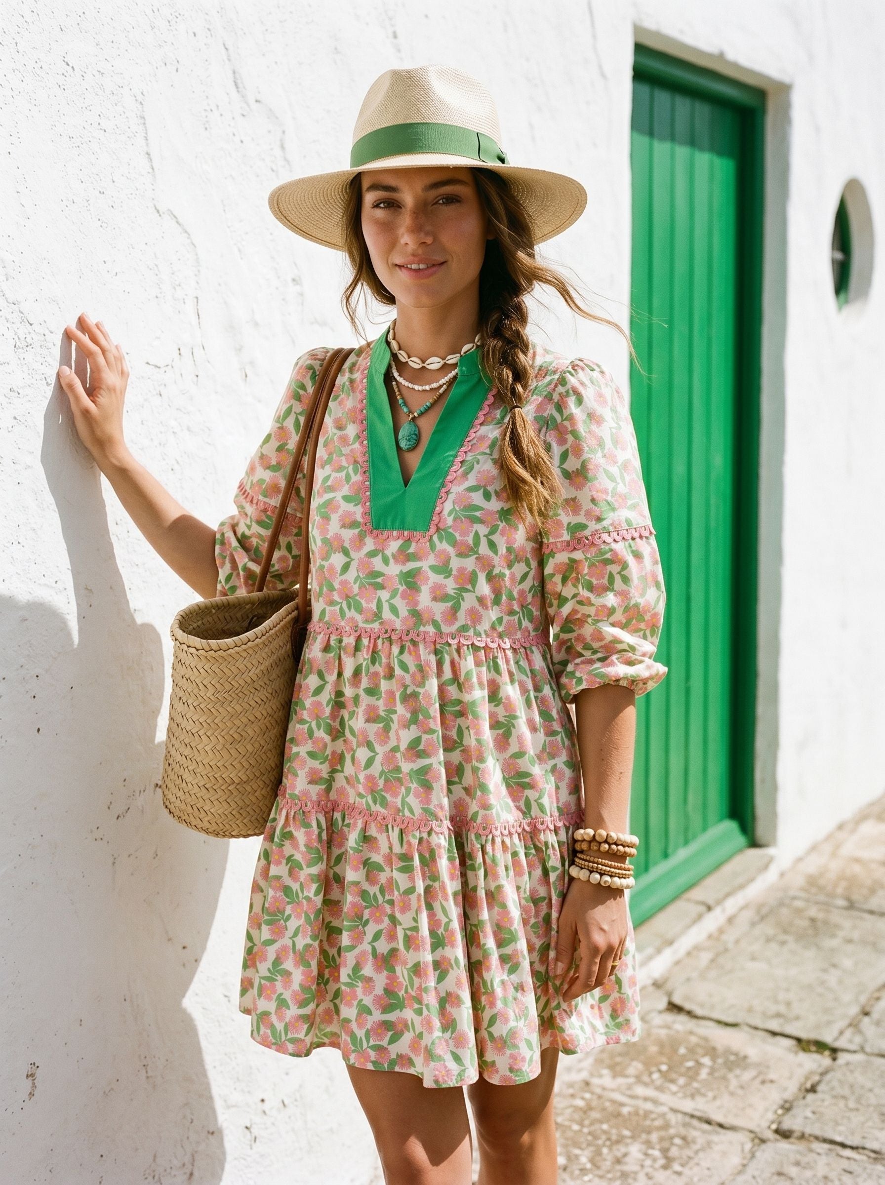 Floral Green Trim Mini Dress