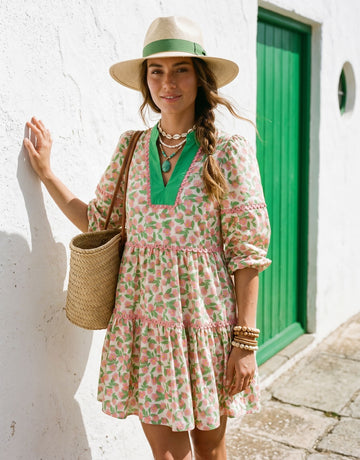 Floral Green Trim Mini Dress