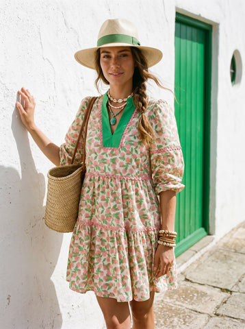Floral Green Trim Mini Dress