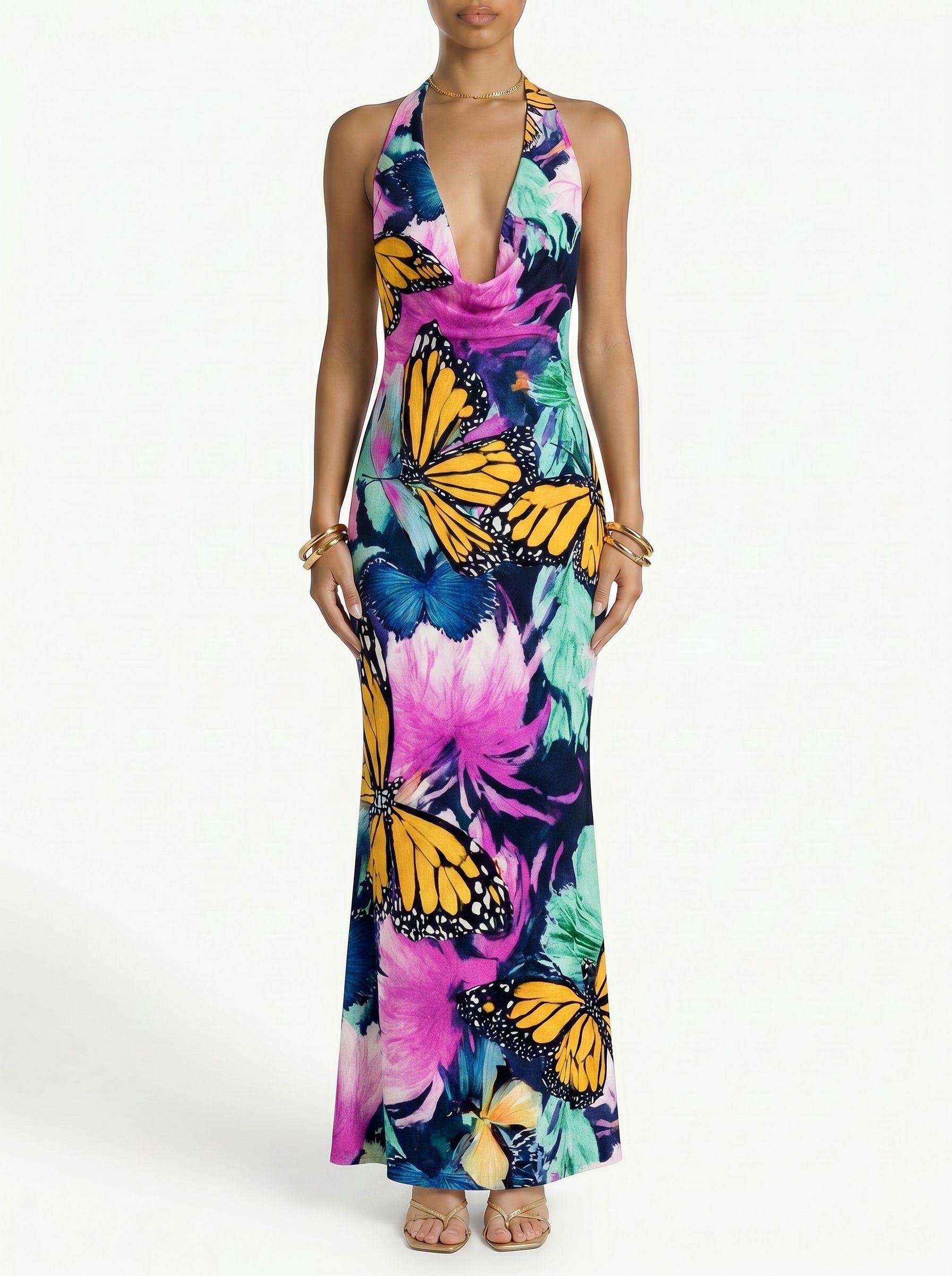 Floral Print Cowl Neck Bodycon Maxi Dress