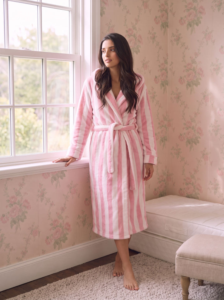 Plush Striped Soft Women Bathrobe