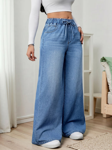 High Waisted Drawstring Wide Leg Jeans