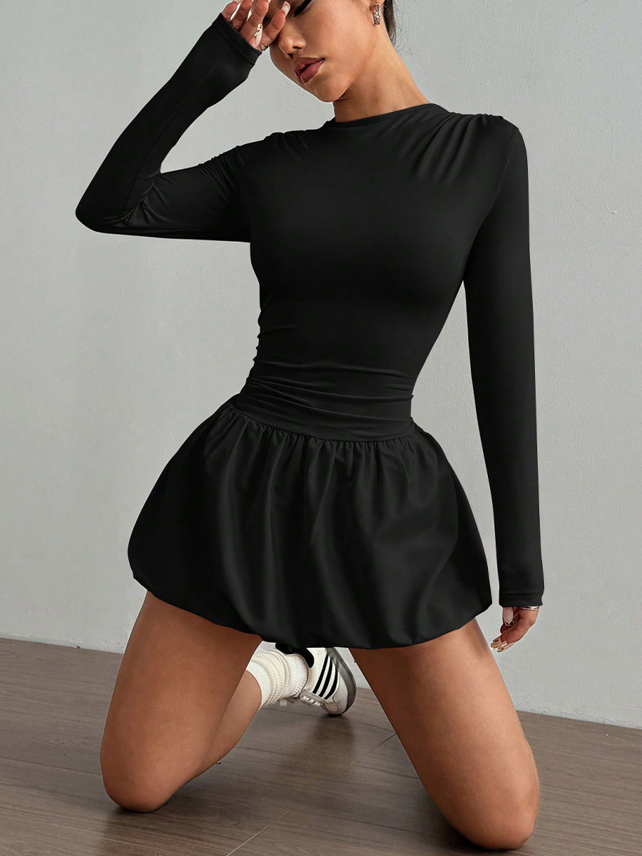 Long Sleeve Fitted Puff-Hem Gown Mini Dress-Black
