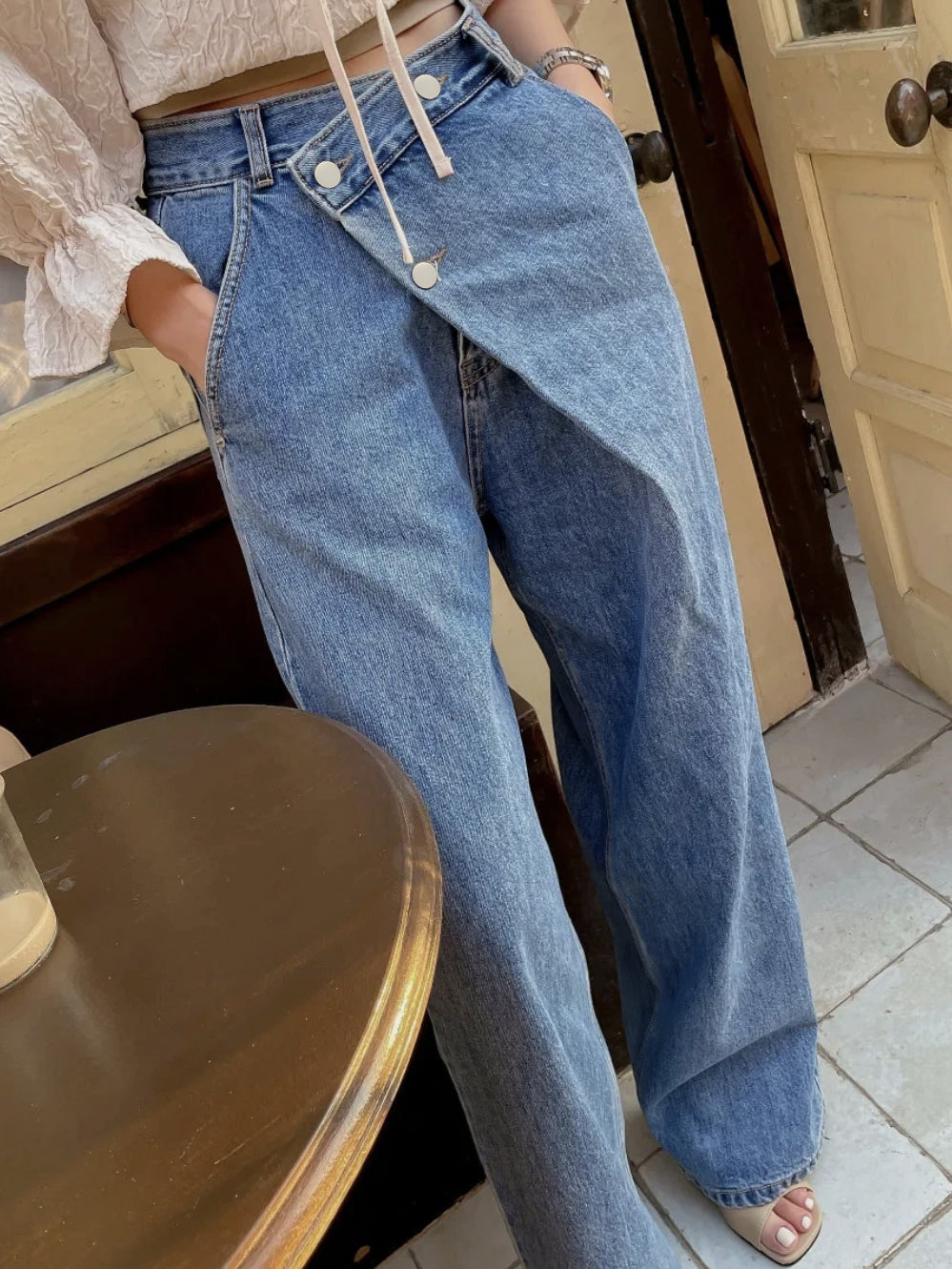 Asymmetric High Waisted Wide Leg Jeans