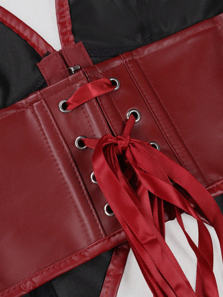 Burgundy Faux Leather Plunge Corset Top