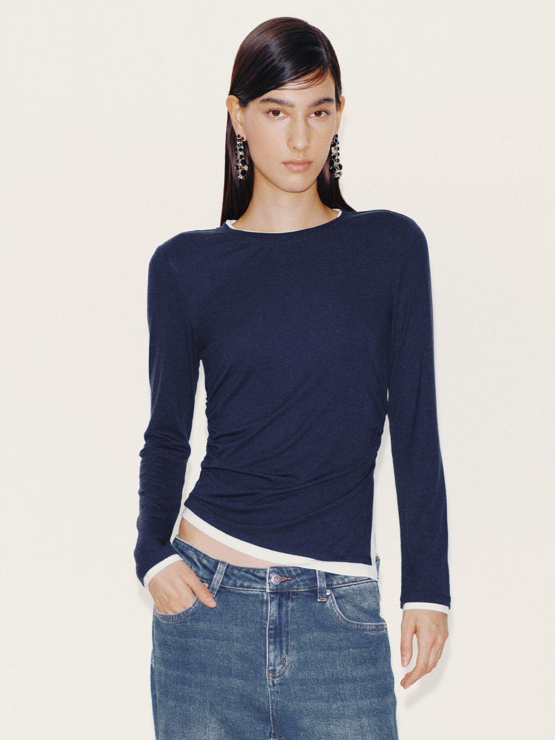 Urban Revivo 2 In 1 Cinched Waist Long Sleeve T-Shirts-Royal Blue