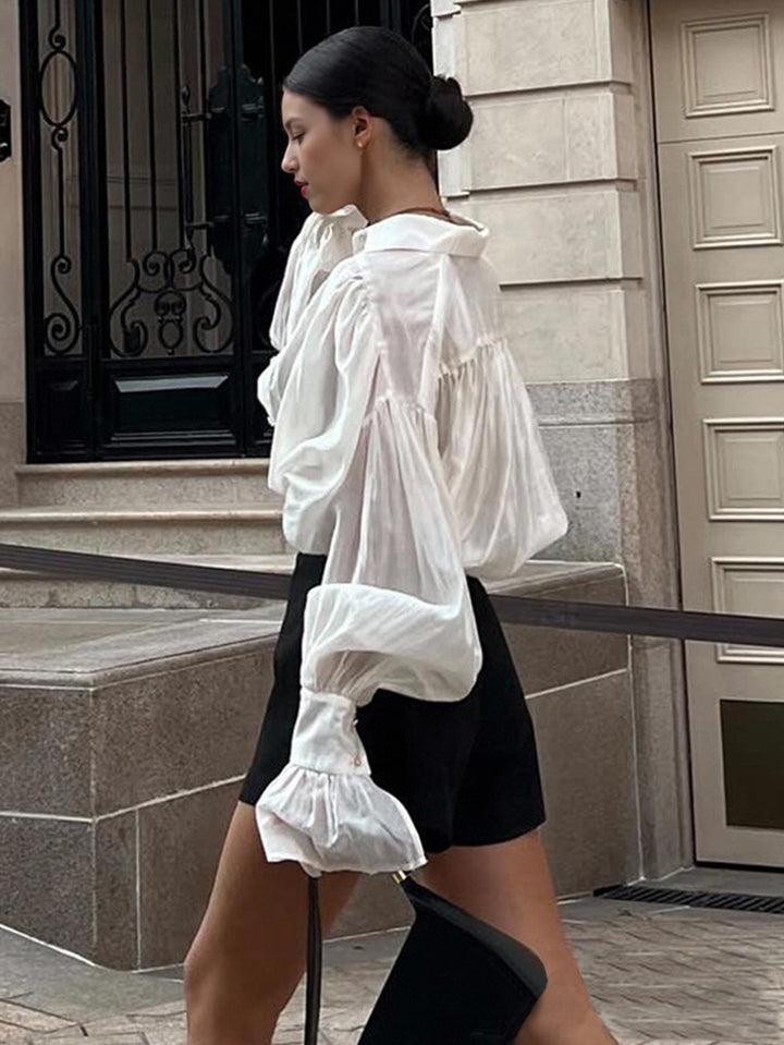 Sheer Balloon Sleeve Button Shirt
