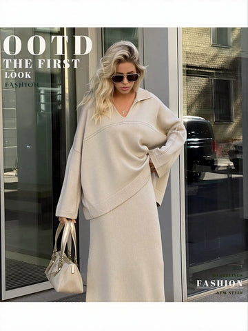 Cozy Collared Knit Sweater Skirt Set