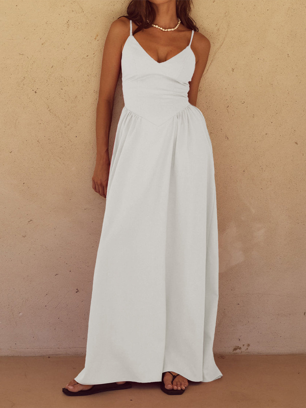 Elegant Linen V Neck Maxi Dress