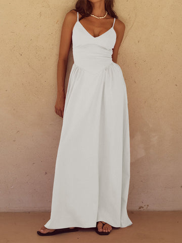 Elegant Linen V Neck Maxi Dress