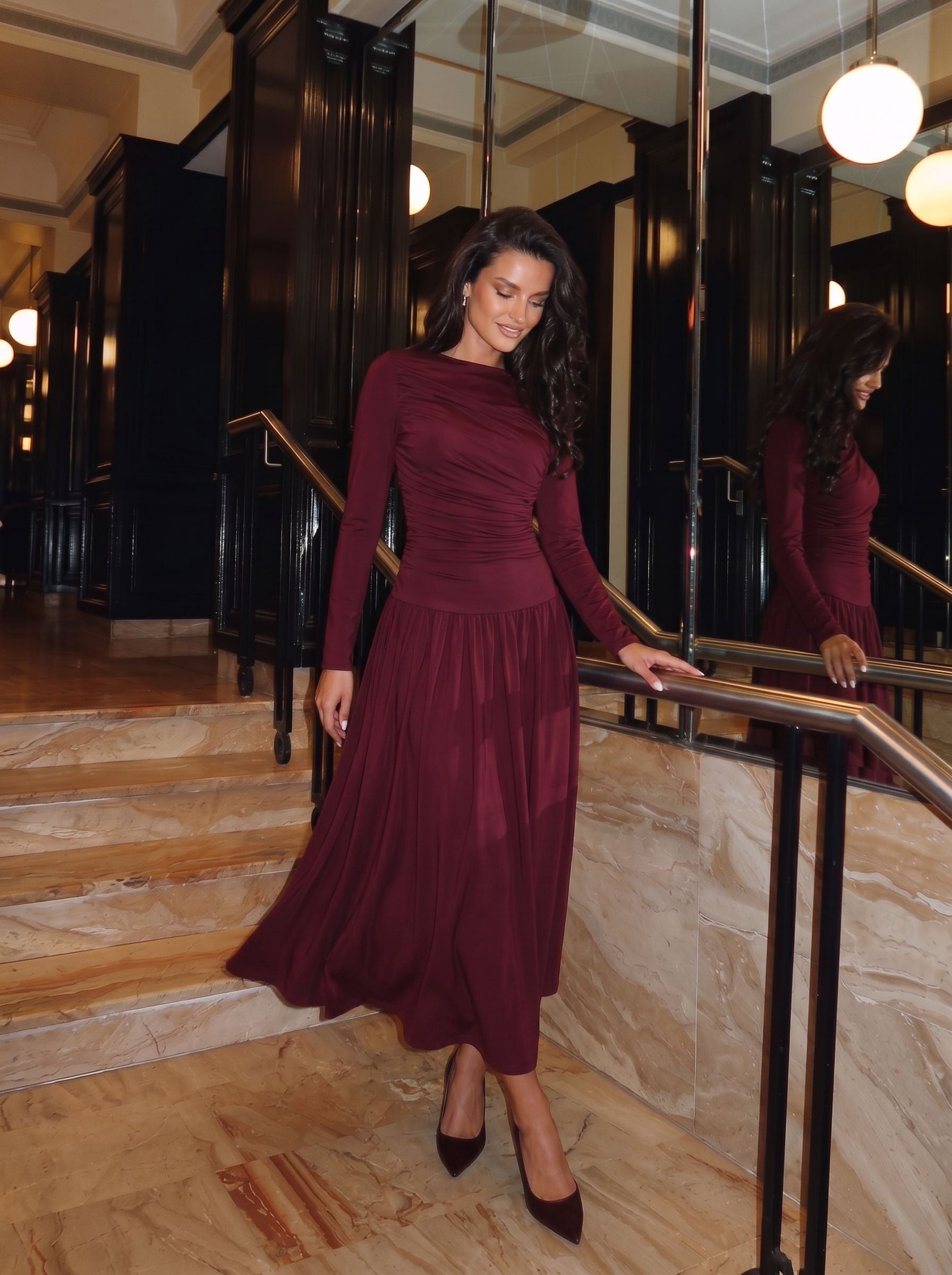 Ruched Long Sleeve Midi Dress