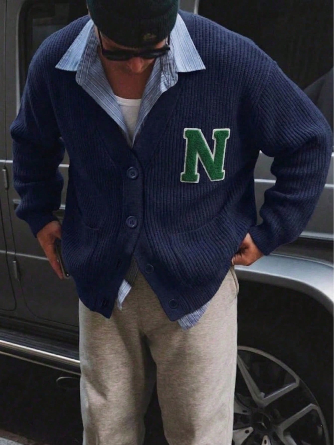 Oversized Letter Patch Ribbed Cardigan