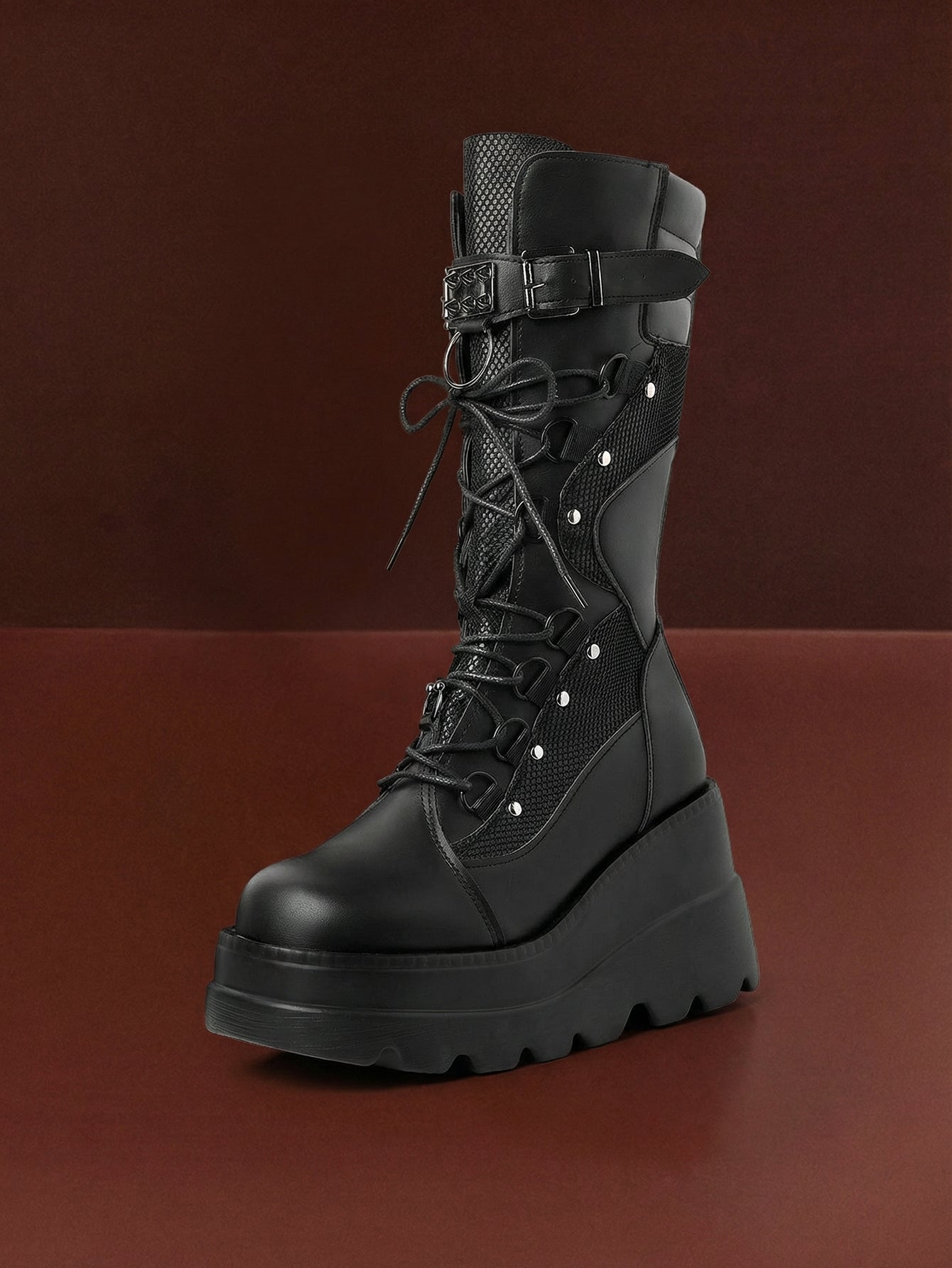 Lace-Up Platform Stud-Detailed Edgy Combat Boots-Black