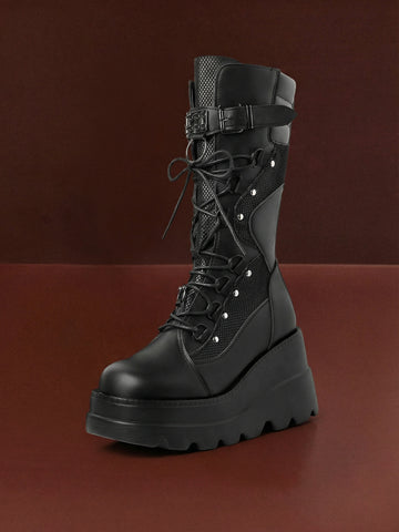 Lace-Up Platform Stud-Detailed Edgy Combat Boots-Black