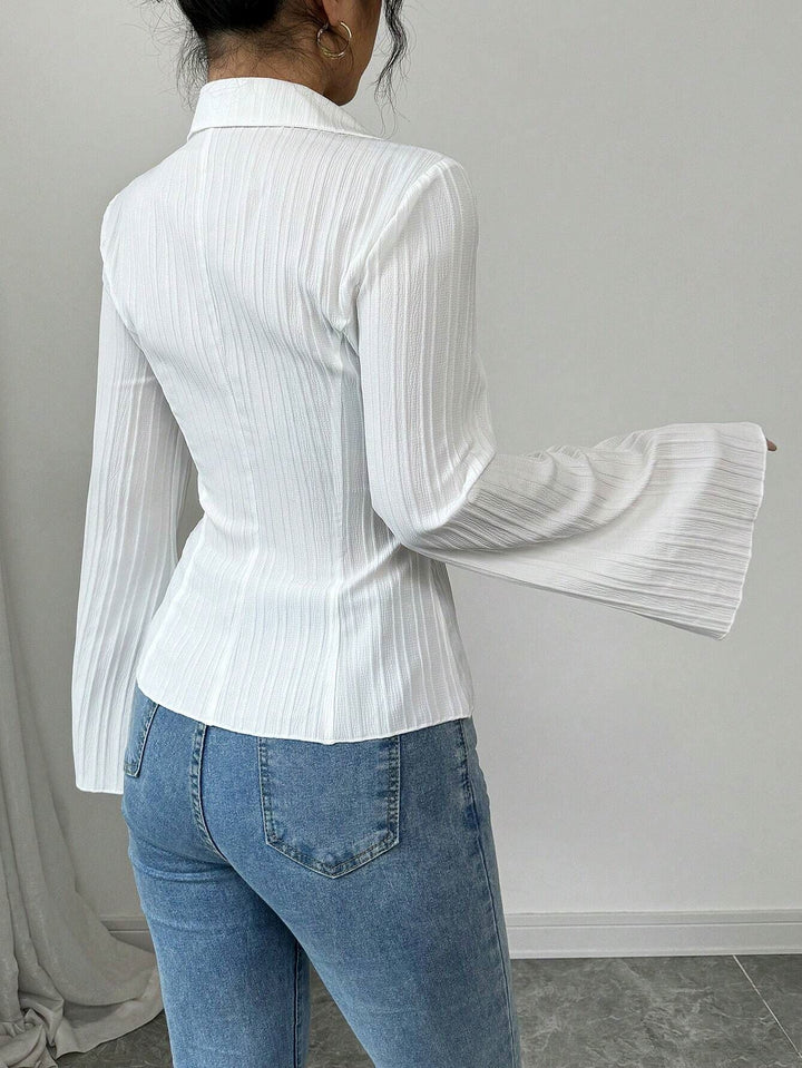 Pleated Flare Sleeve Button Down Shirt