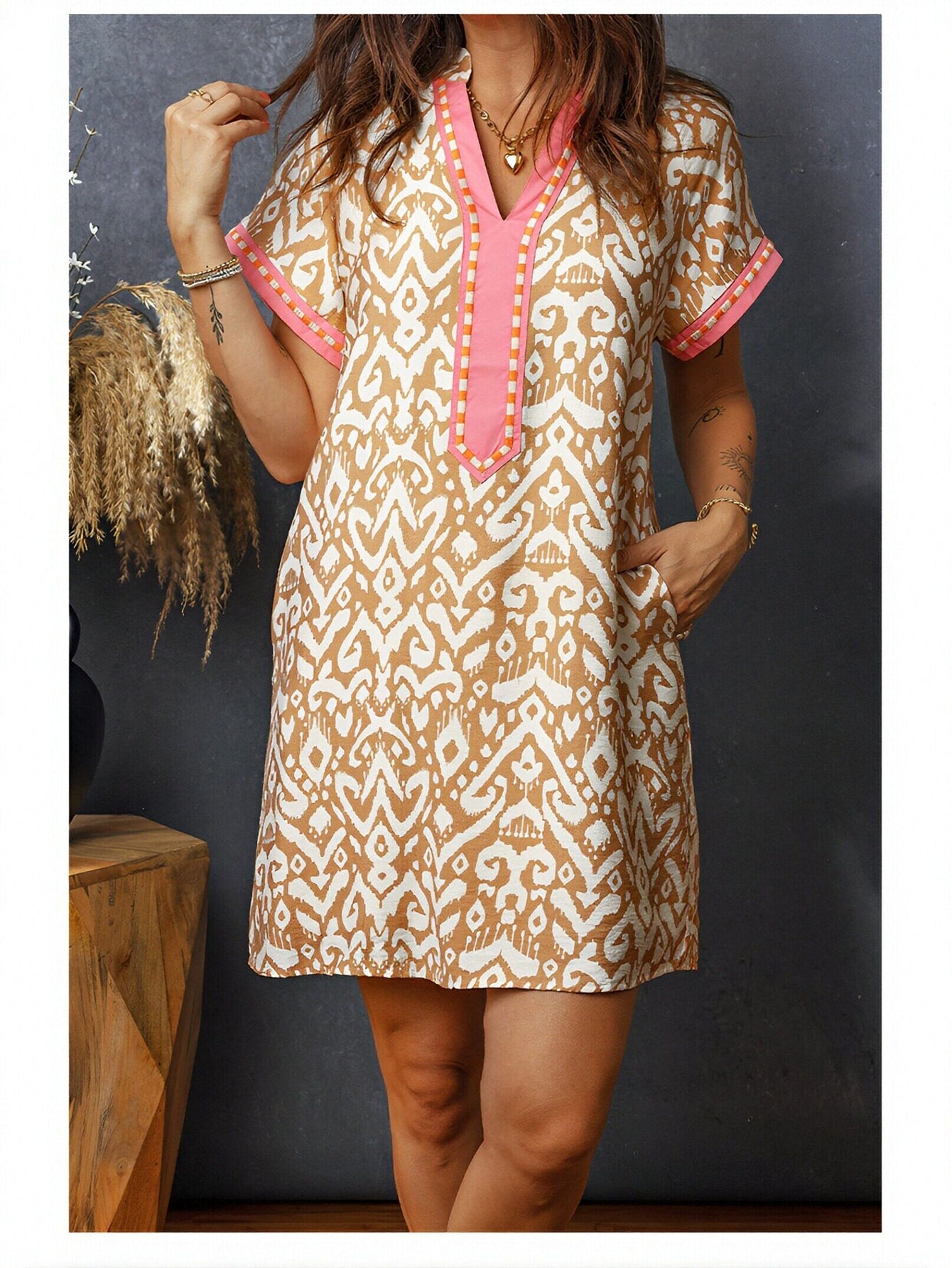 Short Sleeve Ikat Print Mini Dress