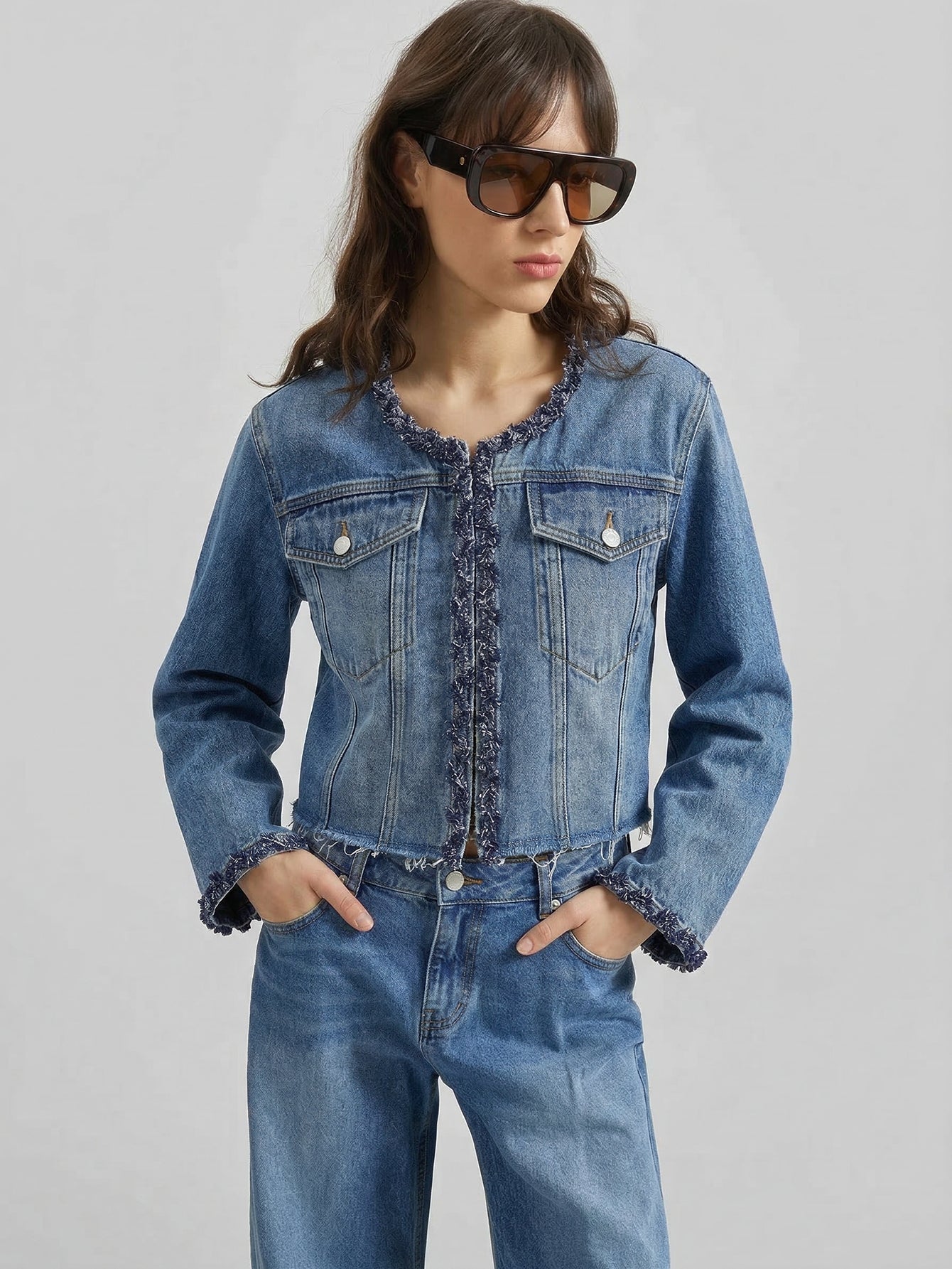 Cropped Collarless Denim Jacket