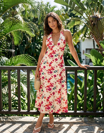 AURELIA Floral Print Halter Neck Tie Back Midi Dress