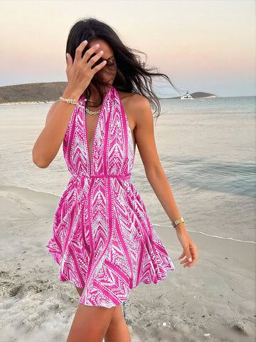 Backless Printed Halter Mini Dress