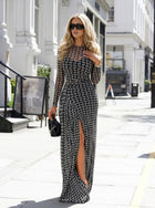 Printed Mesh Slit Maxi Dress