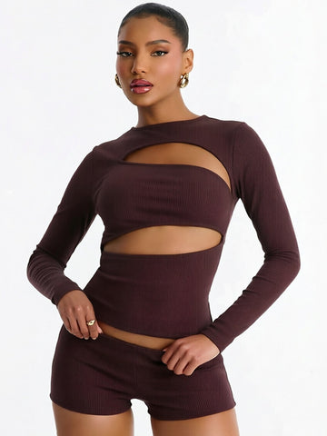 Ribbed Cutout Long Sleeve Short Set