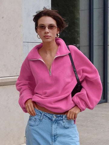 Oversized Pink Quarter Zip Fleece Sweatshirt