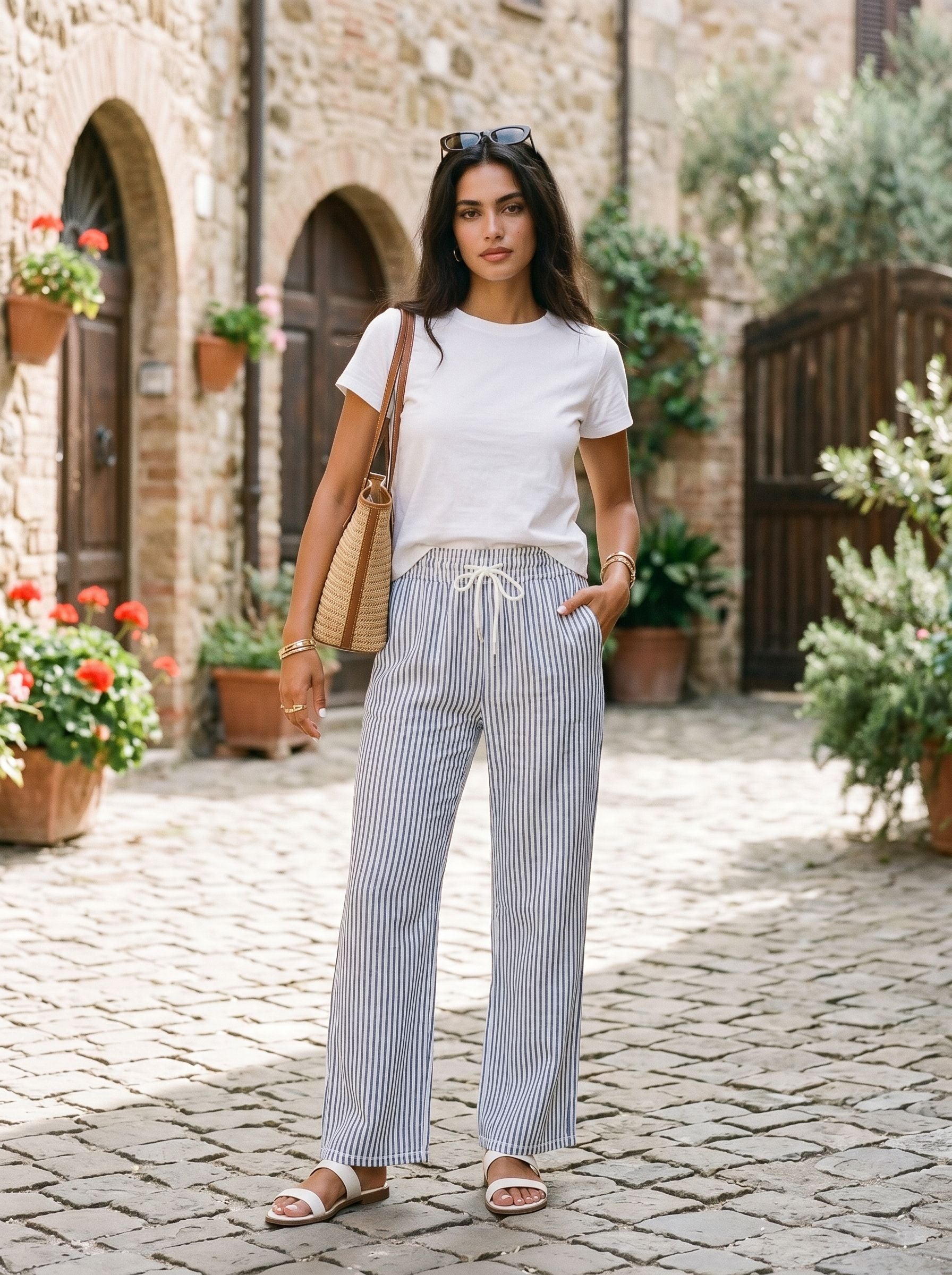Comfy Striped Drawstring Wide Leg Pants