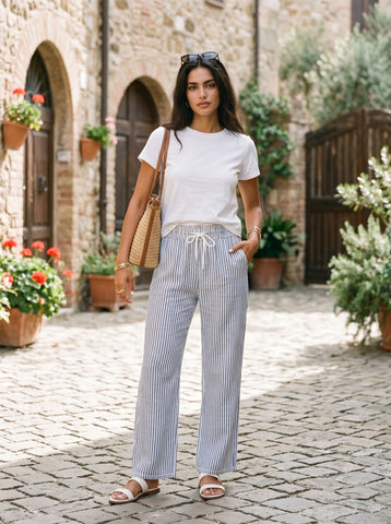 Comfy Striped Drawstring Wide Leg Pants