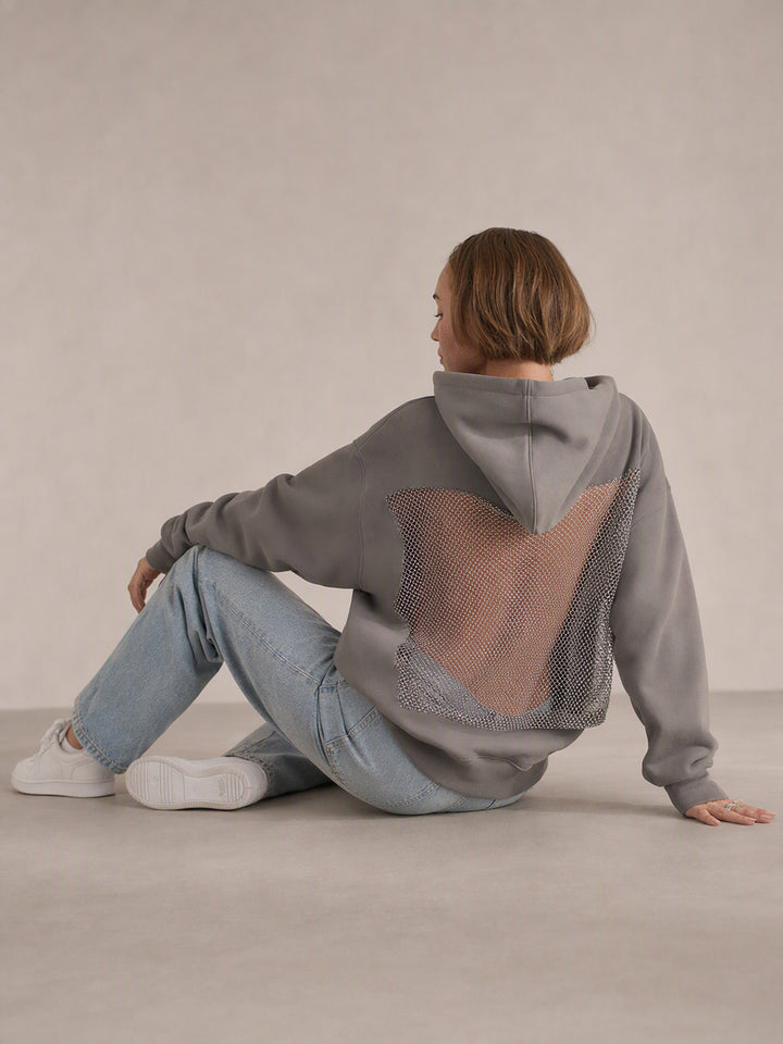 Rhinestone Mesh Back Oversized Hoodie