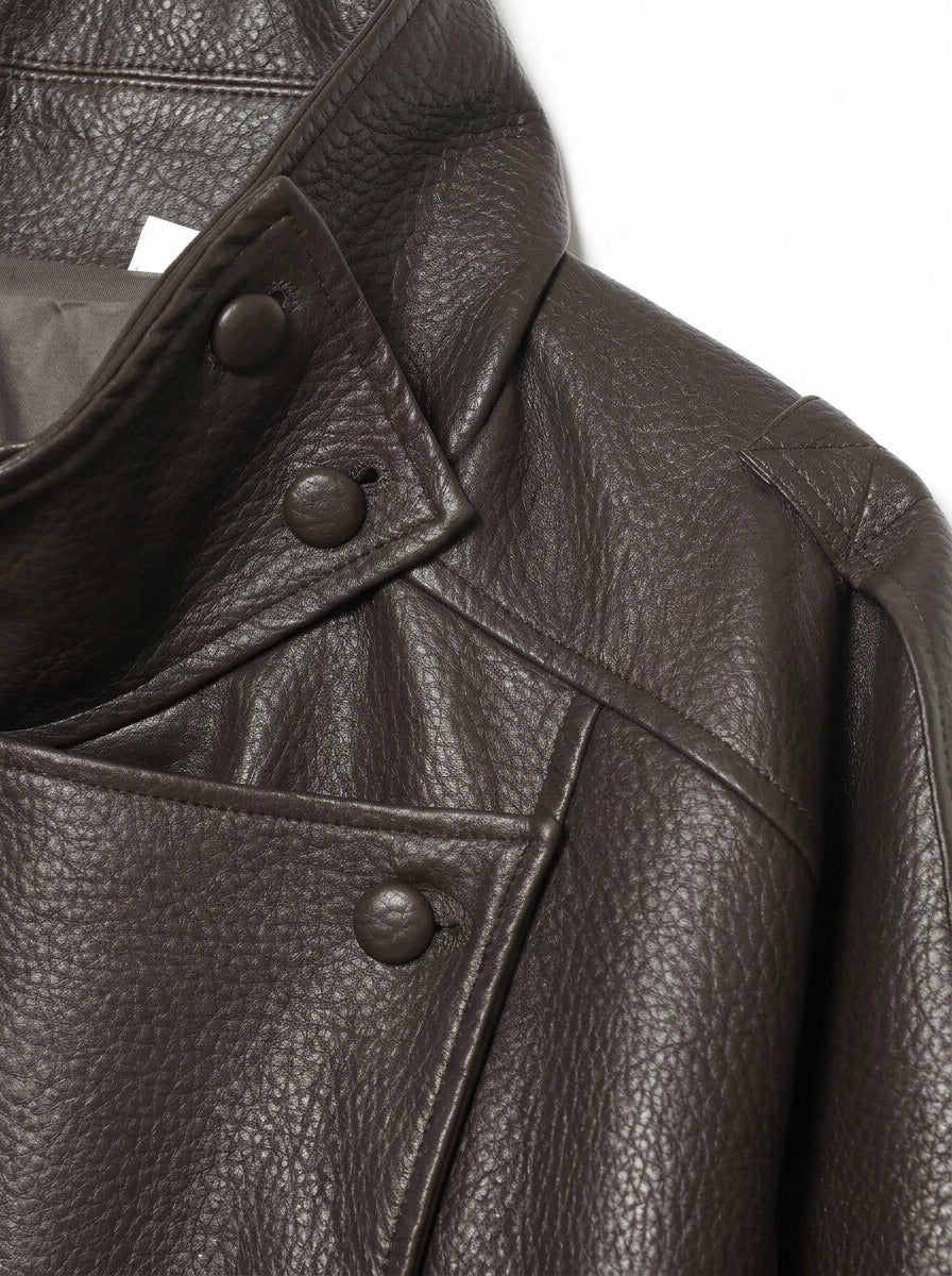 Oversized Brown Faux Leather Bomber Jacket