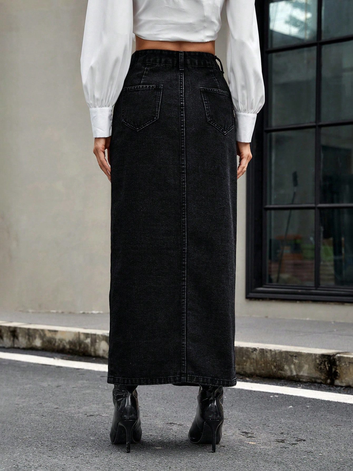 High Waisted Button Front Denim Maxi Skirt