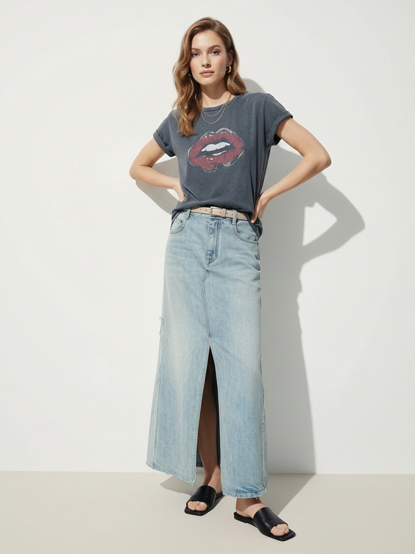 Paneled Detail Maxi Denim Skirt