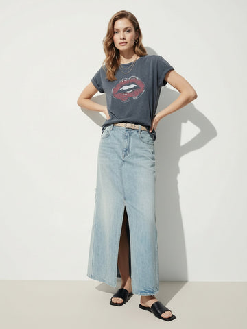 Paneled Detail Maxi Denim Skirt