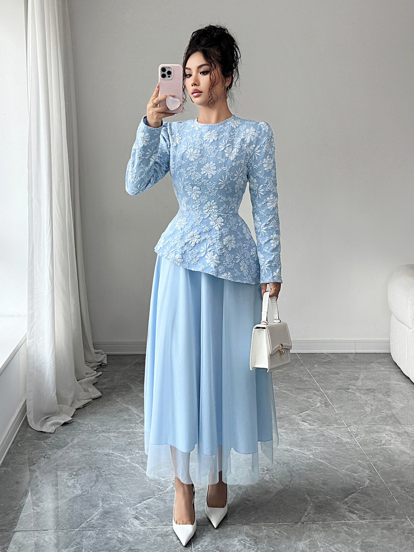 Floral Embroidered Tulle Midi Dress