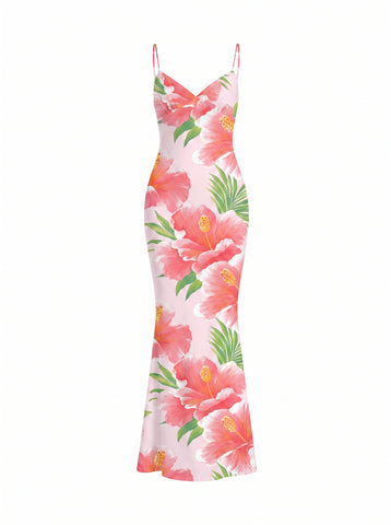 elainefox536's Pink Hibiscus Print Maxi Dress