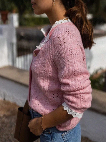 Cozy Lace Trim Knit Cardigan
