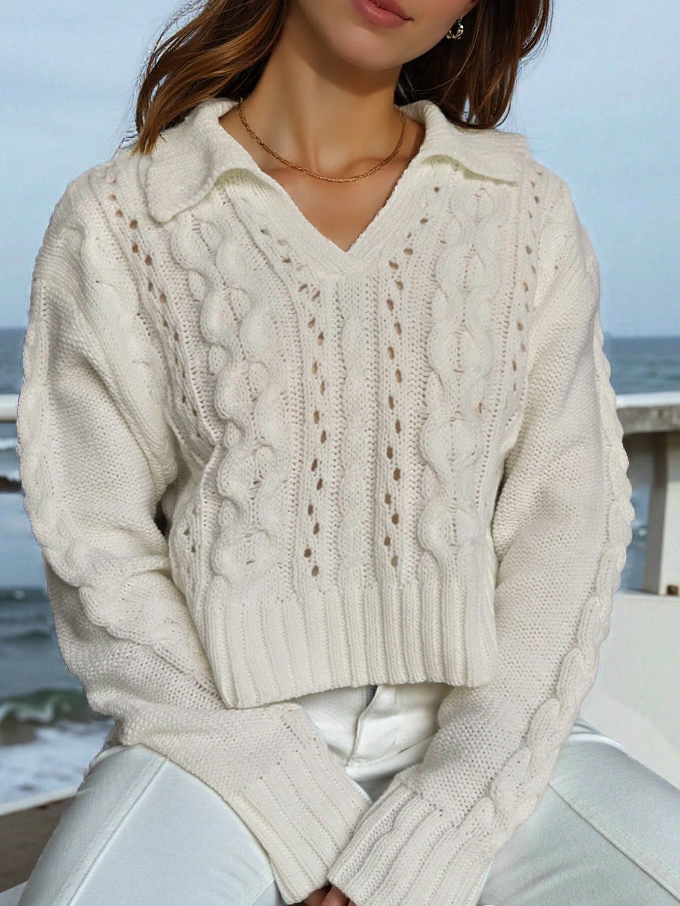 Cable Knit Collared Pullover Sweater