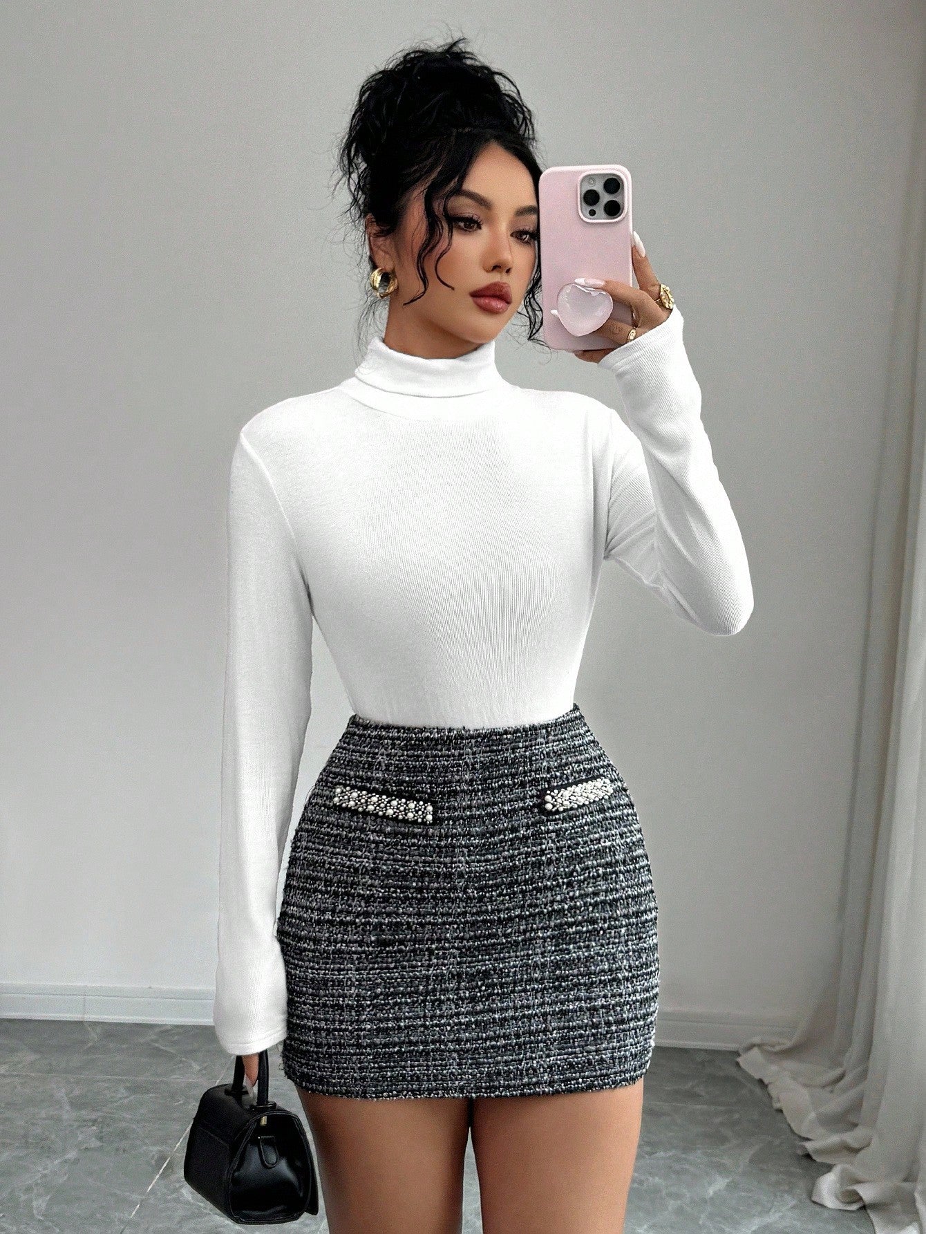 Beaded Tweed High Waisted Mini Skirt