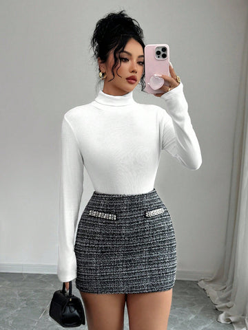 Beaded Tweed High Waisted Mini Skirt