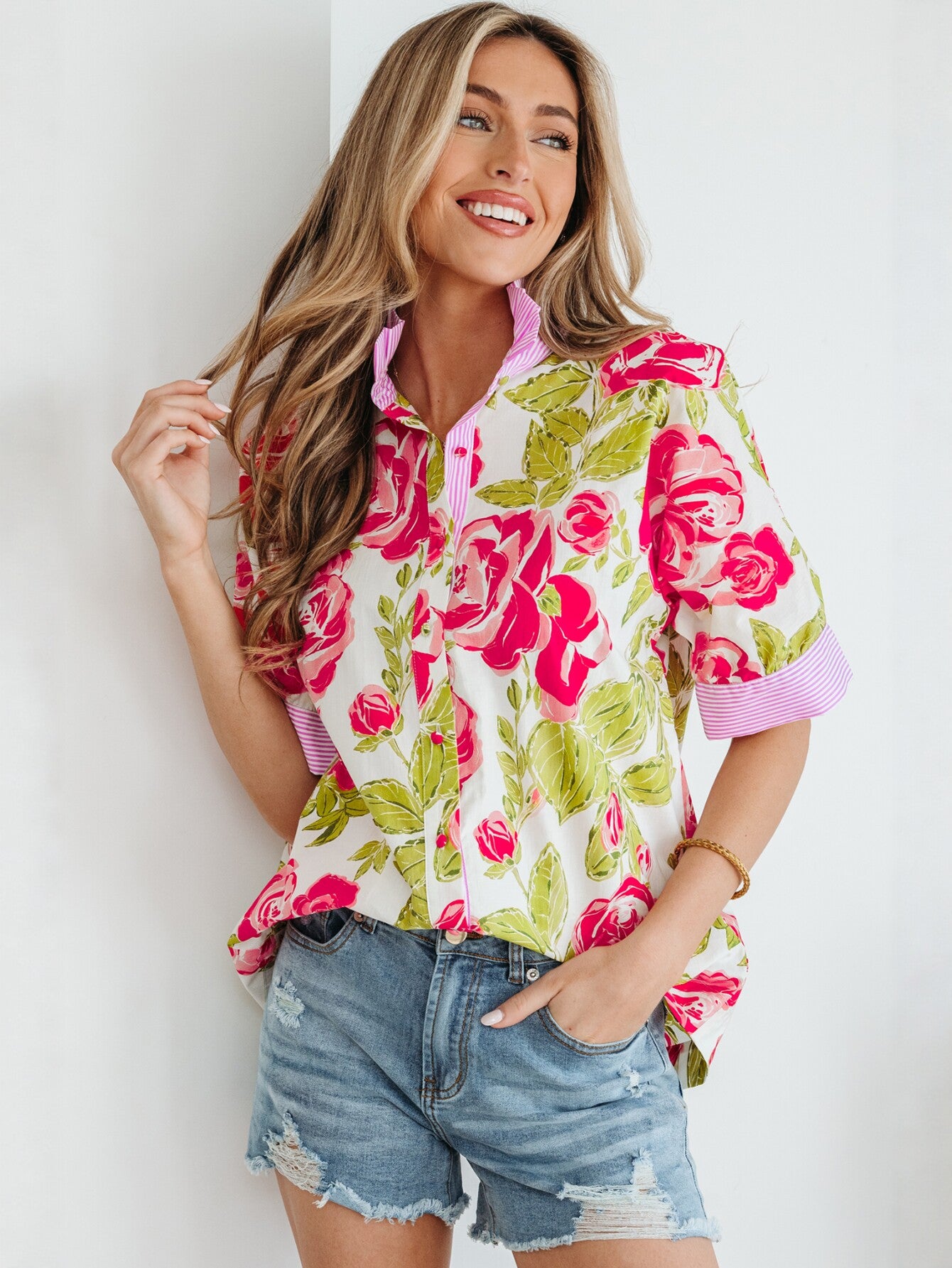 Floral Print Striped Cuff Shirt