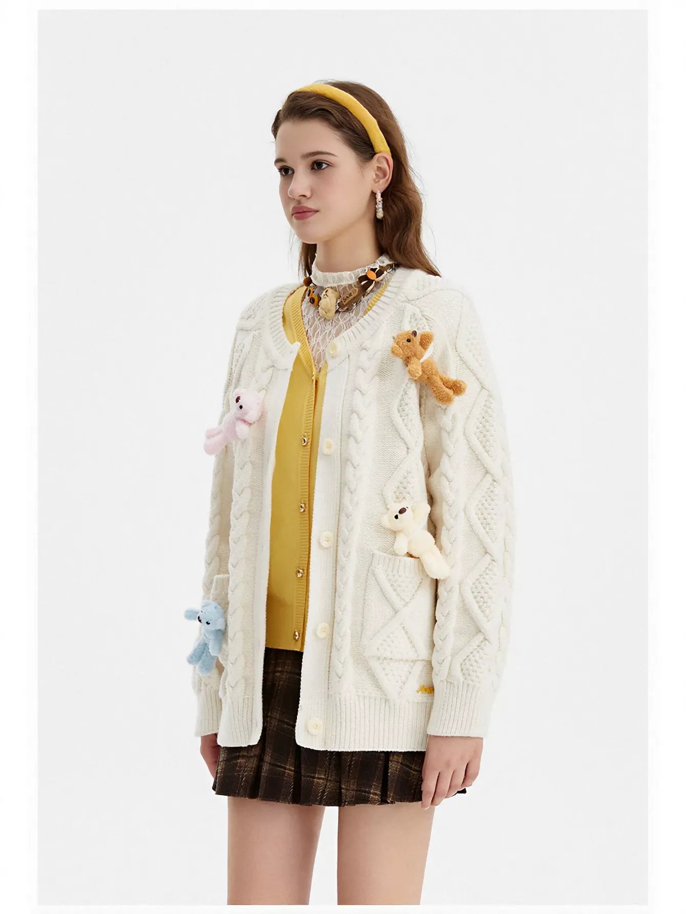 Cute Bear Applique Cable Knit Cardigan