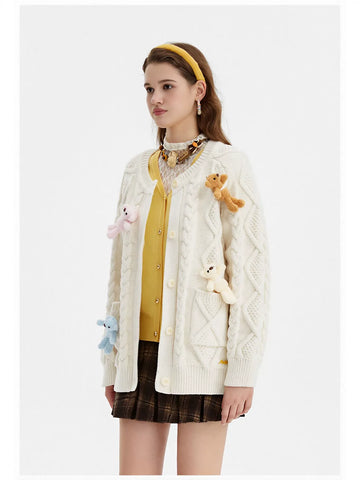 Cute Bear Applique Cable Knit Cardigan